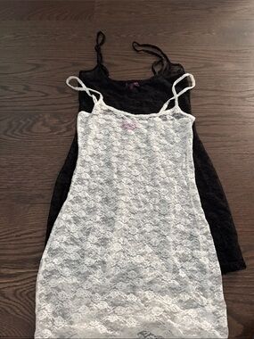 Edikted White Lace Cami Slip over Black Lace Slip